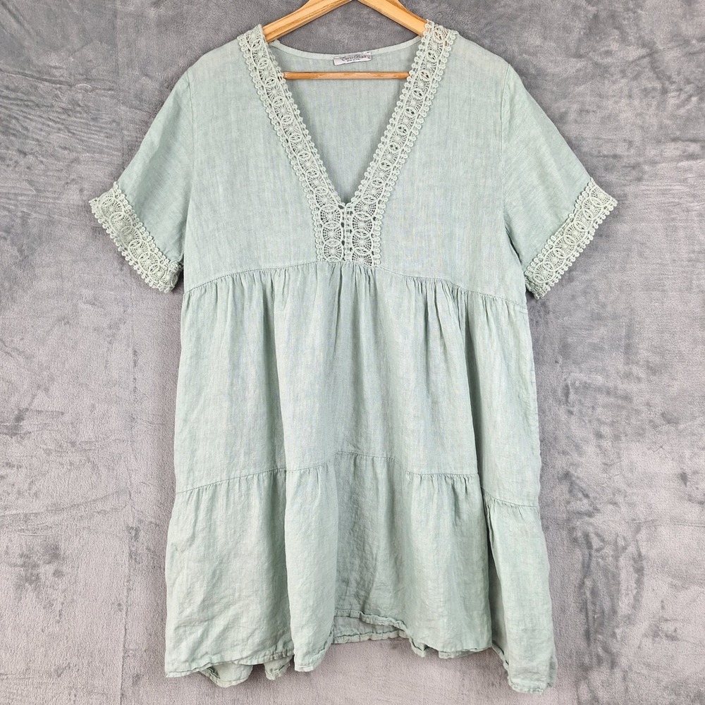 Elena Baldi Dress XL Green Linen Tiered Beach Coastal Crochet‎ Lagenlook Boho